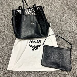 MCM Black Leather Tote and Pouch Set